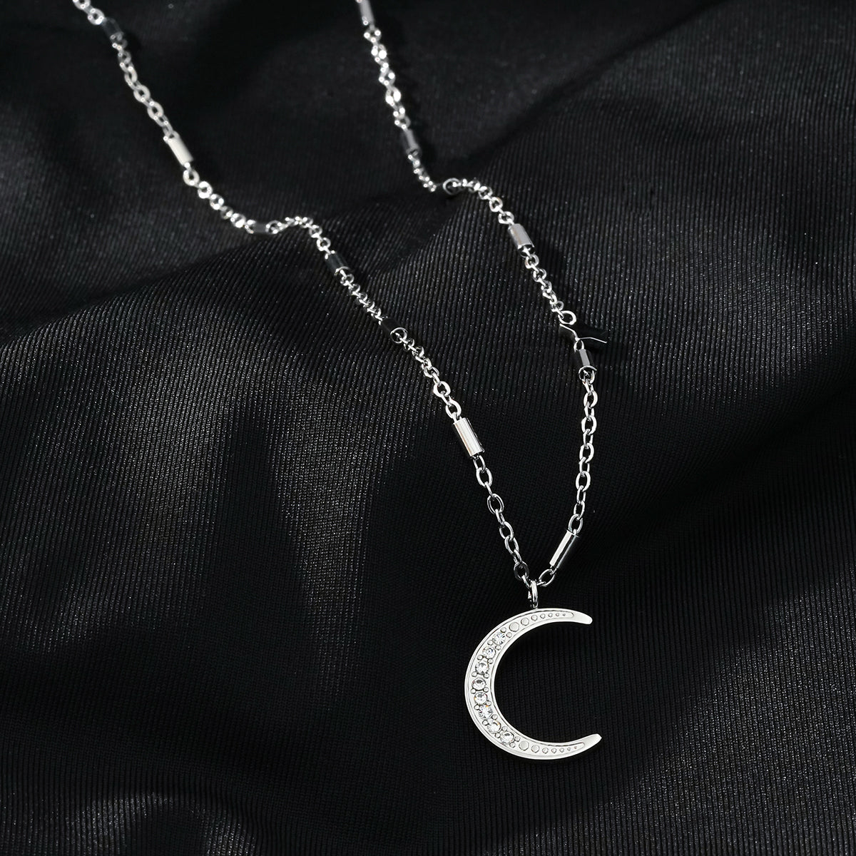 ALMERIA Silver (White Gold): Celestial Magic - Zirconia Embedded Crescent Moon and Star Necklace