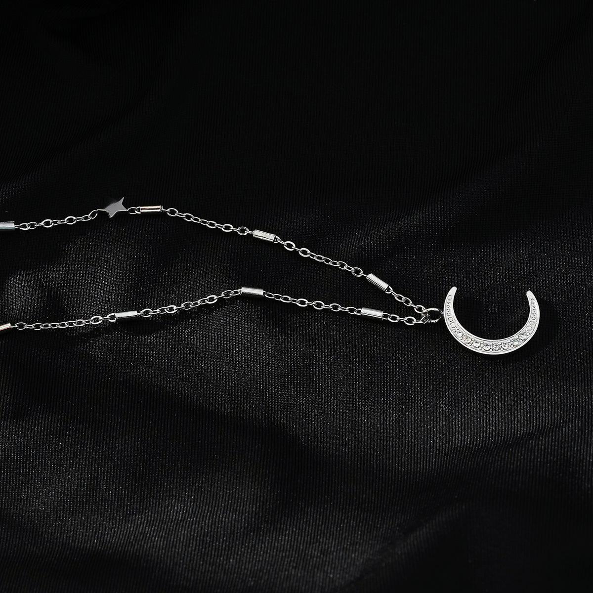 ALMERIA Silver (White Gold): Celestial Magic - Zirconia Embedded Crescent Moon and Star Necklace