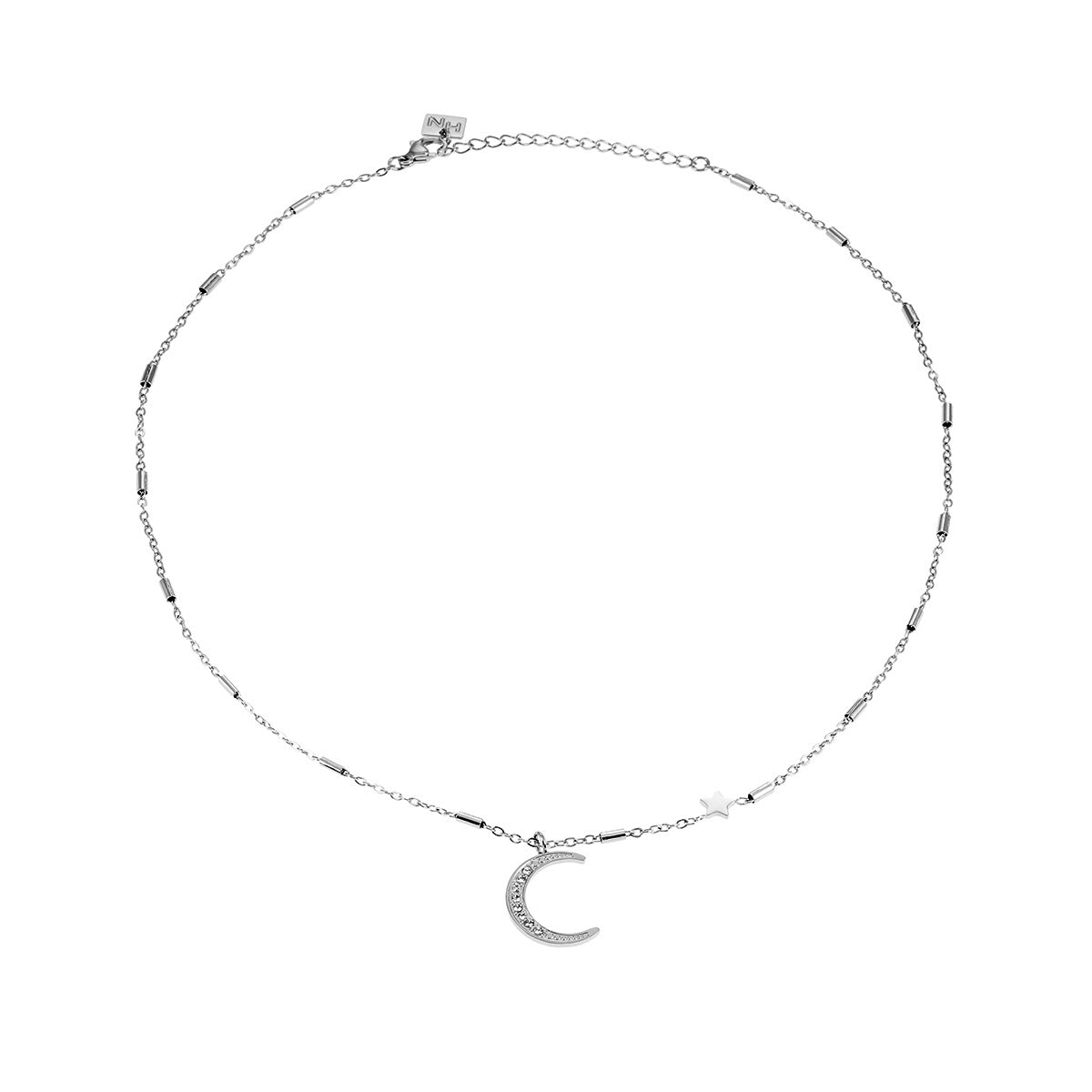 ALMERIA Silver (White Gold): Celestial Magic - Zirconia Embedded Crescent Moon and Star Necklace