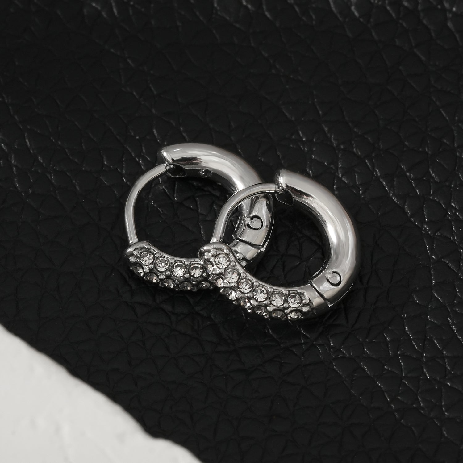 BISHO Silver (White Gold): Sparkling Rows of Pavé Zirconia on Classic Mini Hoop Earrings