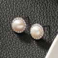 CADDA Silver (White Gold): Mini Stud Earrings with Freshwater Pearl & Pavé Zirconia Border