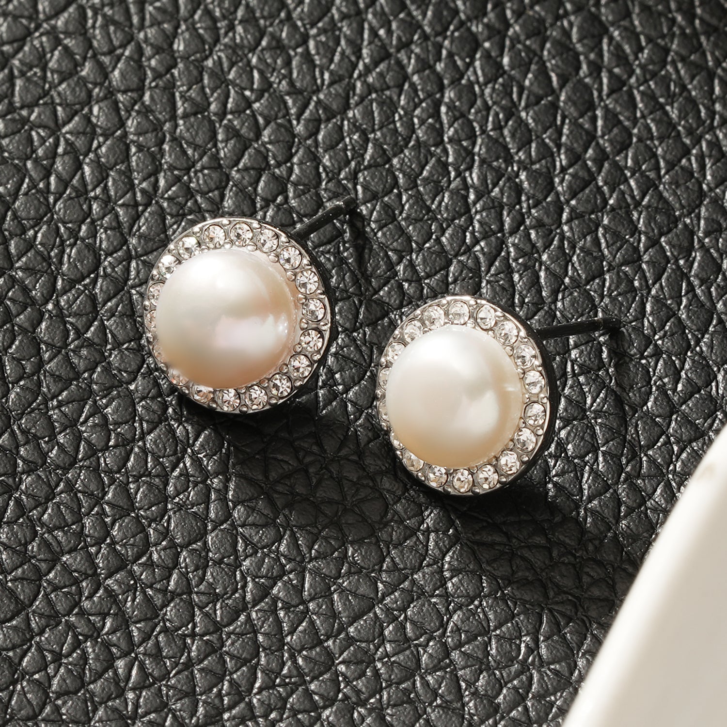 CADDA Silver (White Gold): Mini Stud Earrings with Freshwater Pearl & Pavé Zirconia Border