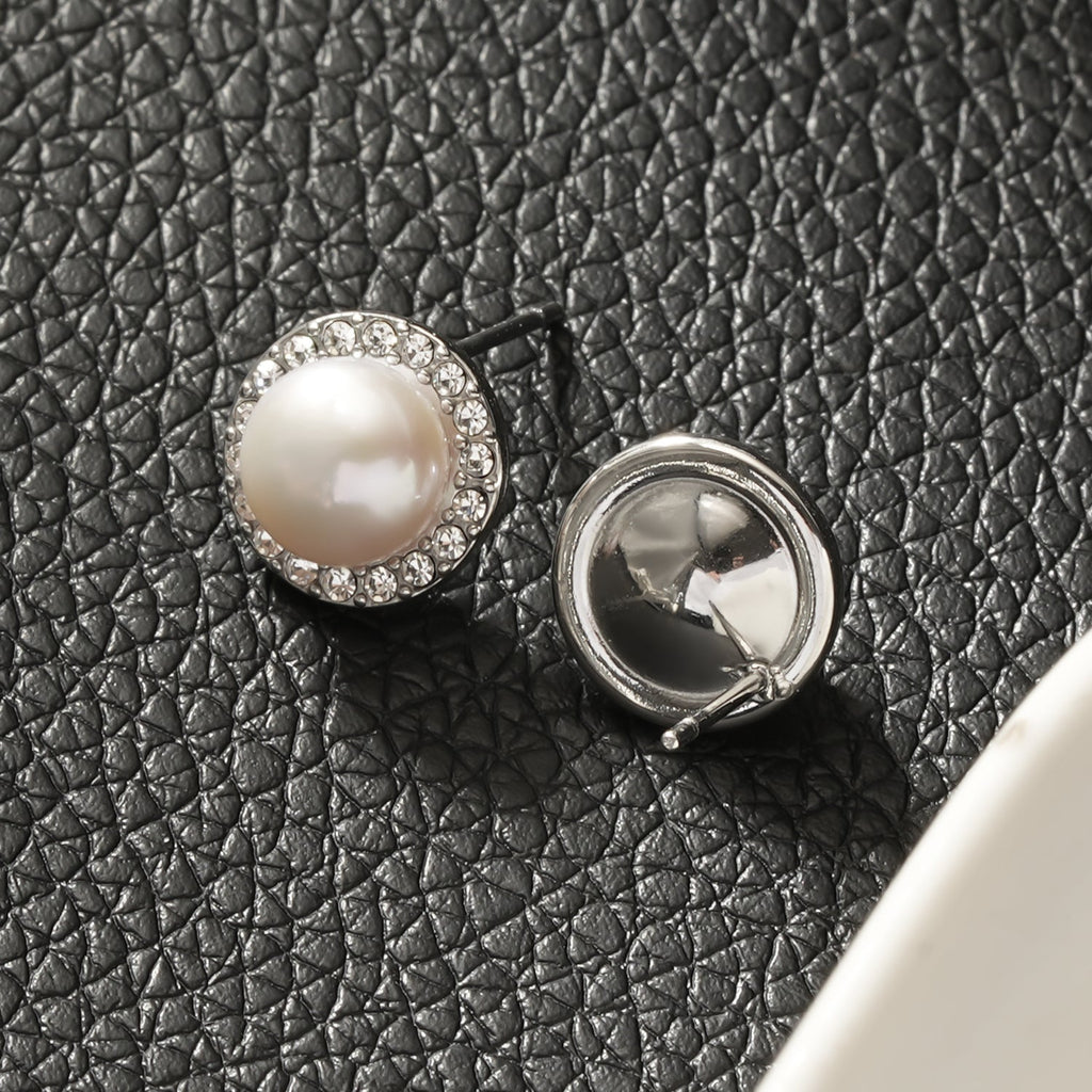 CADDA Silver (White Gold): Mini Stud Earrings with Freshwater Pearl & Pavé Zirconia Border