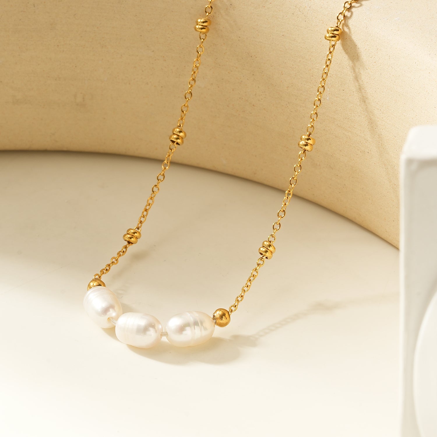 DAMINNA Gold: Dainty Beaded Chain Necklace with Freshwater Pearl Trio