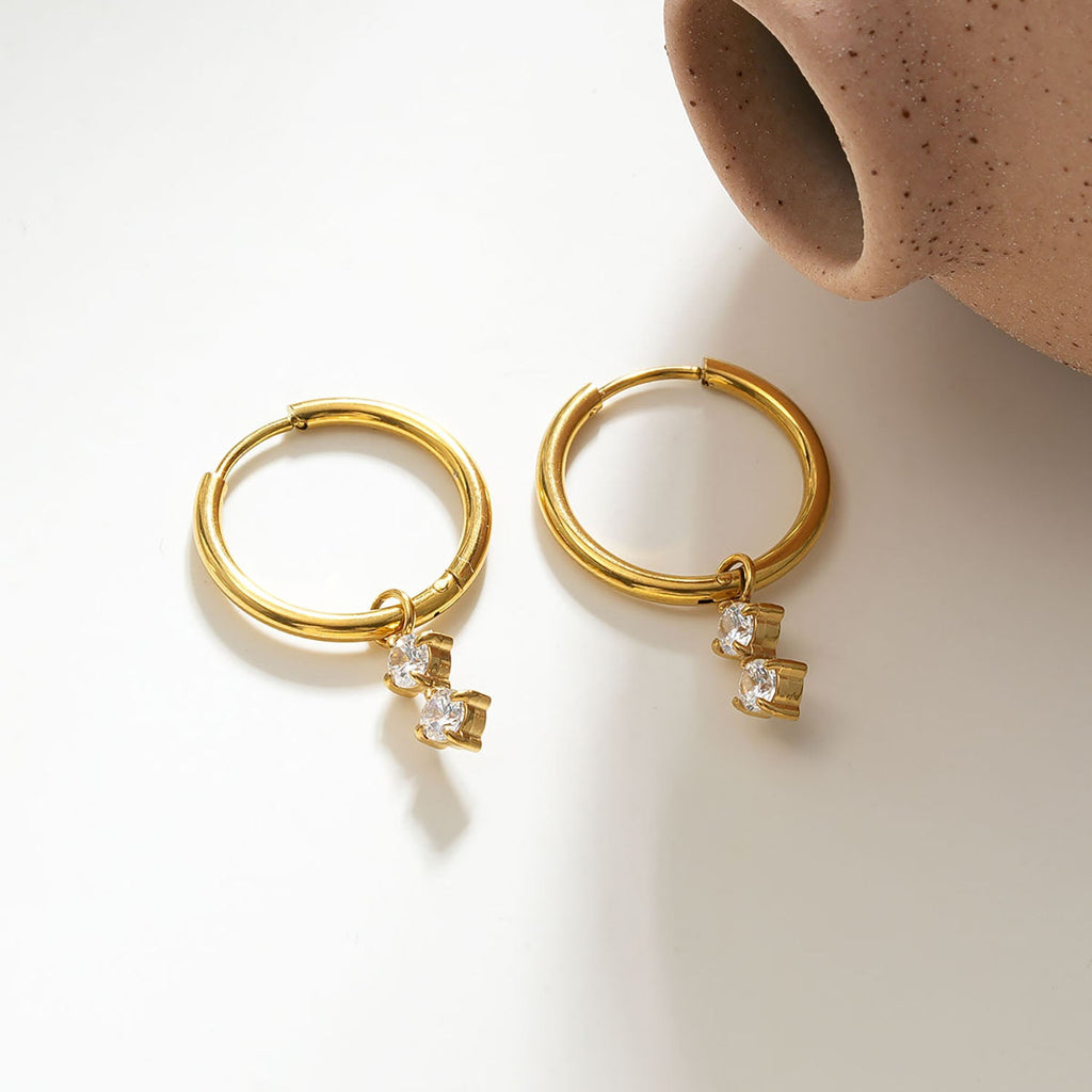 MORTAINA Gold: Retro Inspired Mini Hoops with Duo Zirconia Charms