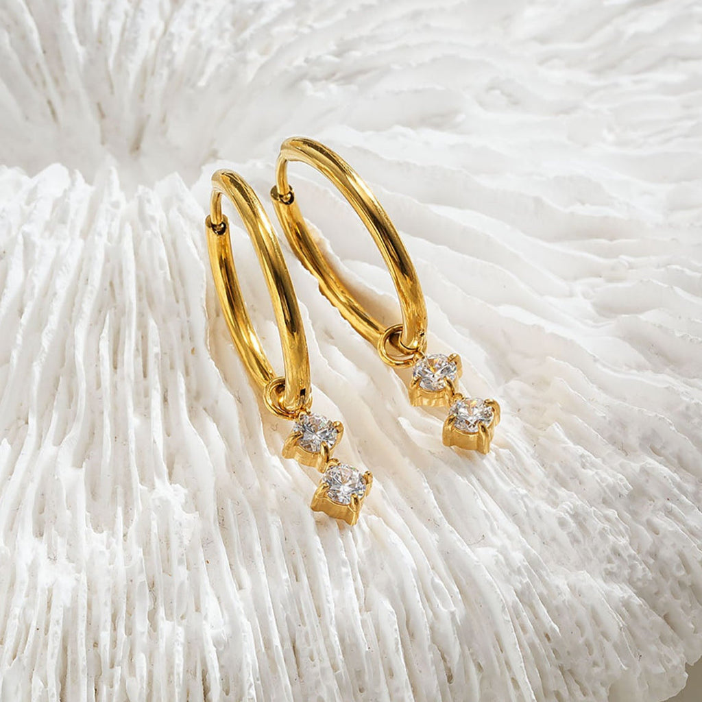 MORTAINA Gold: Retro Inspired Mini Hoops with Duo Zirconia Charms