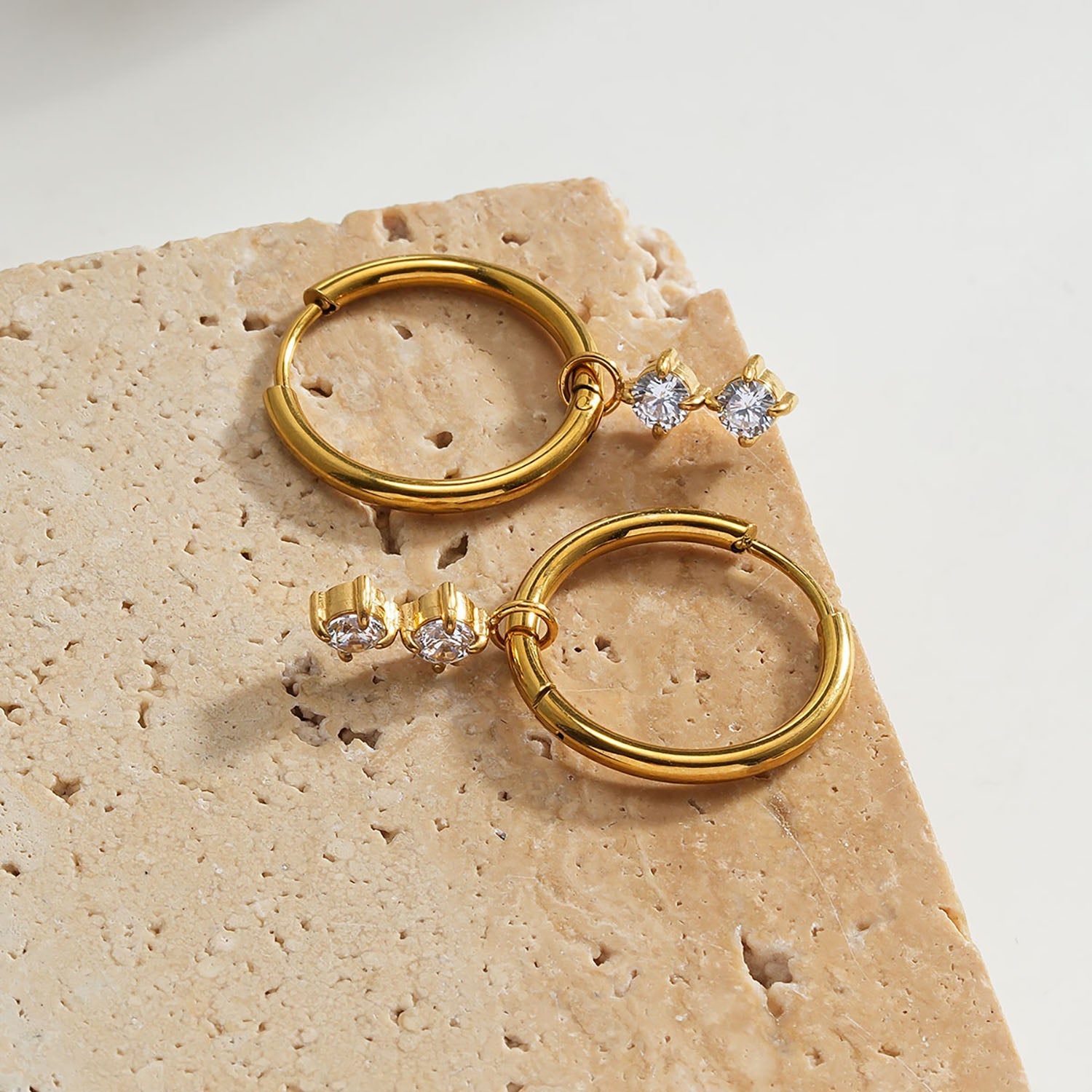 MORTAINA Gold: Retro Inspired Mini Hoops with Duo Zirconia Charms