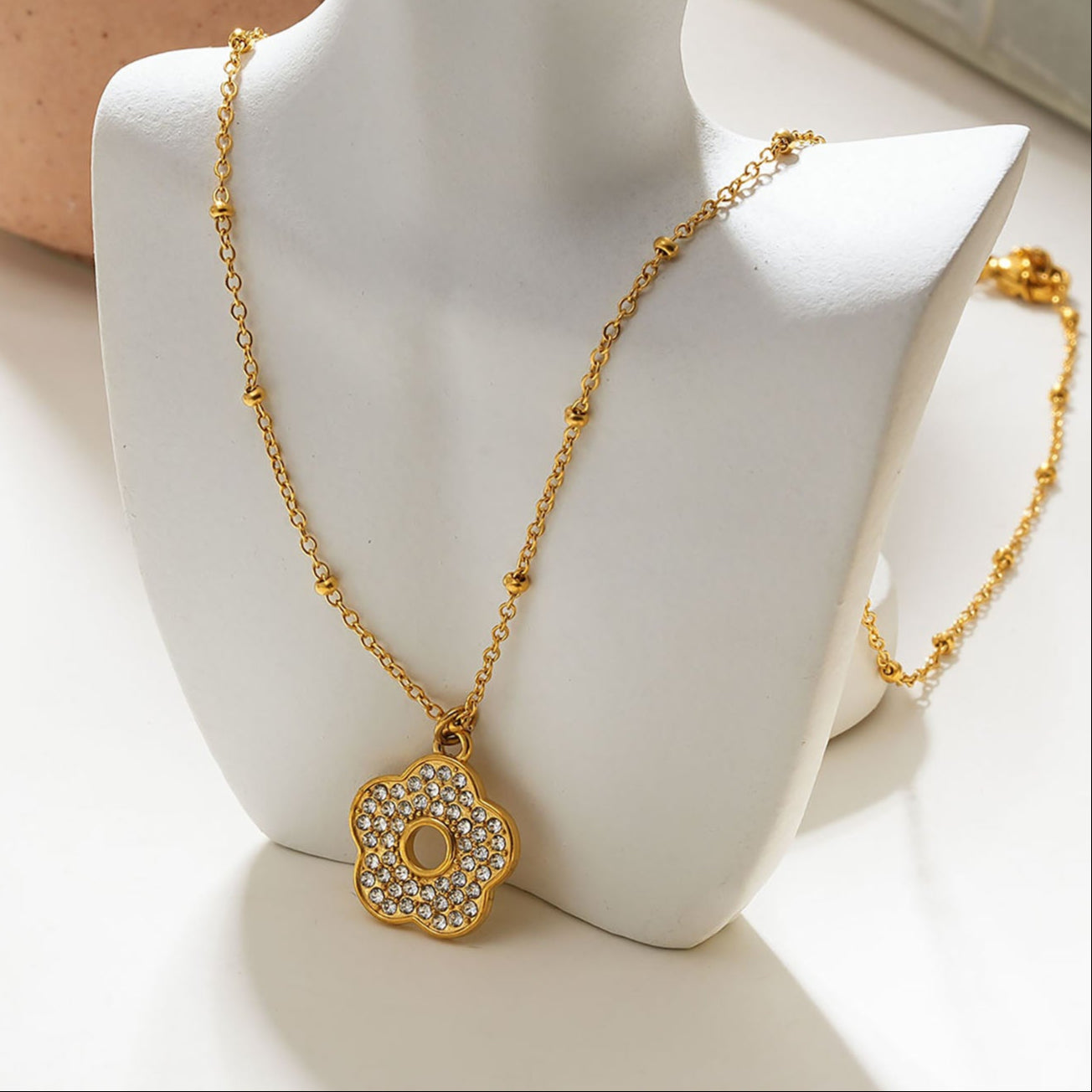 MELRINA Gold - Vintage Bloom: Beaded Chain Necklace with Pave Zirconia Flower Charm