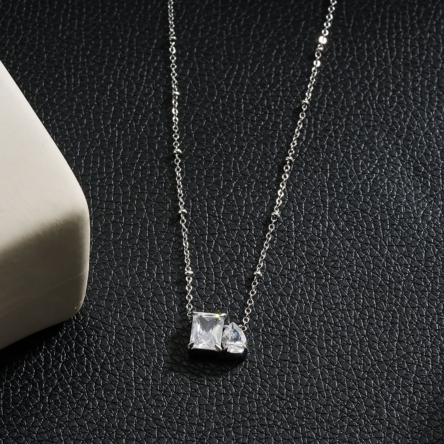 MAFFINA Silver (White Gold): Dainty Beaded Chain Necklace with Duo Zirconia Pendant