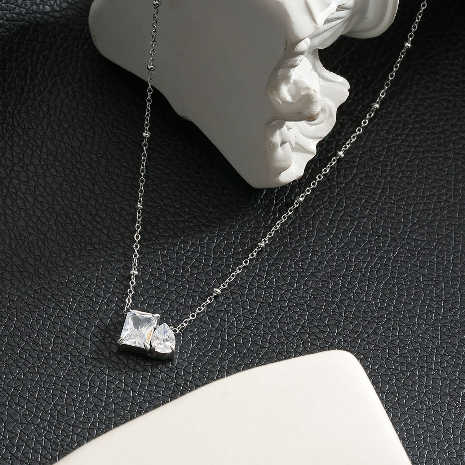 MAFFINA Silver (White Gold): Dainty Beaded Chain Necklace with Duo Zirconia Pendant