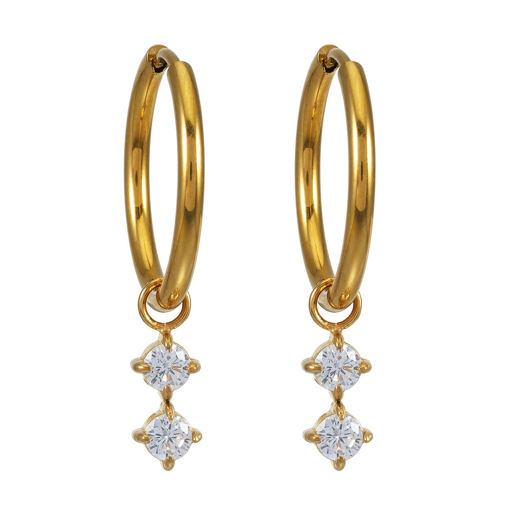 MORTAINA Gold: Retro Inspired Mini Hoops with Duo Zirconia Charms