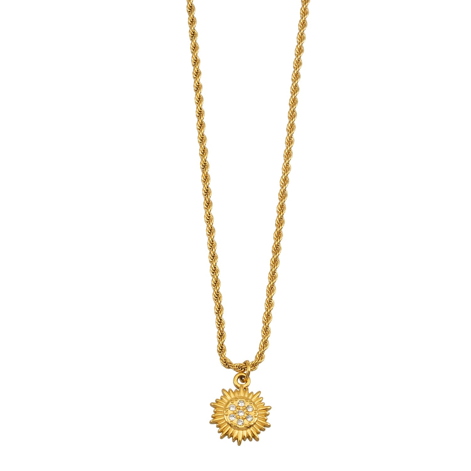 ISA Gold: Rope Chain Necklace with Pavé Zirconia Radiant Sun Pendant