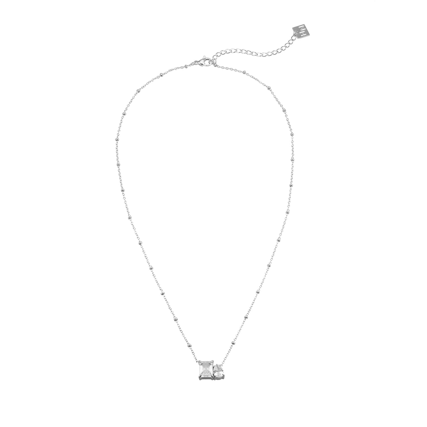 MAFFINA Silver (White Gold): Dainty Beaded Chain Necklace with Duo Zirconia Pendant