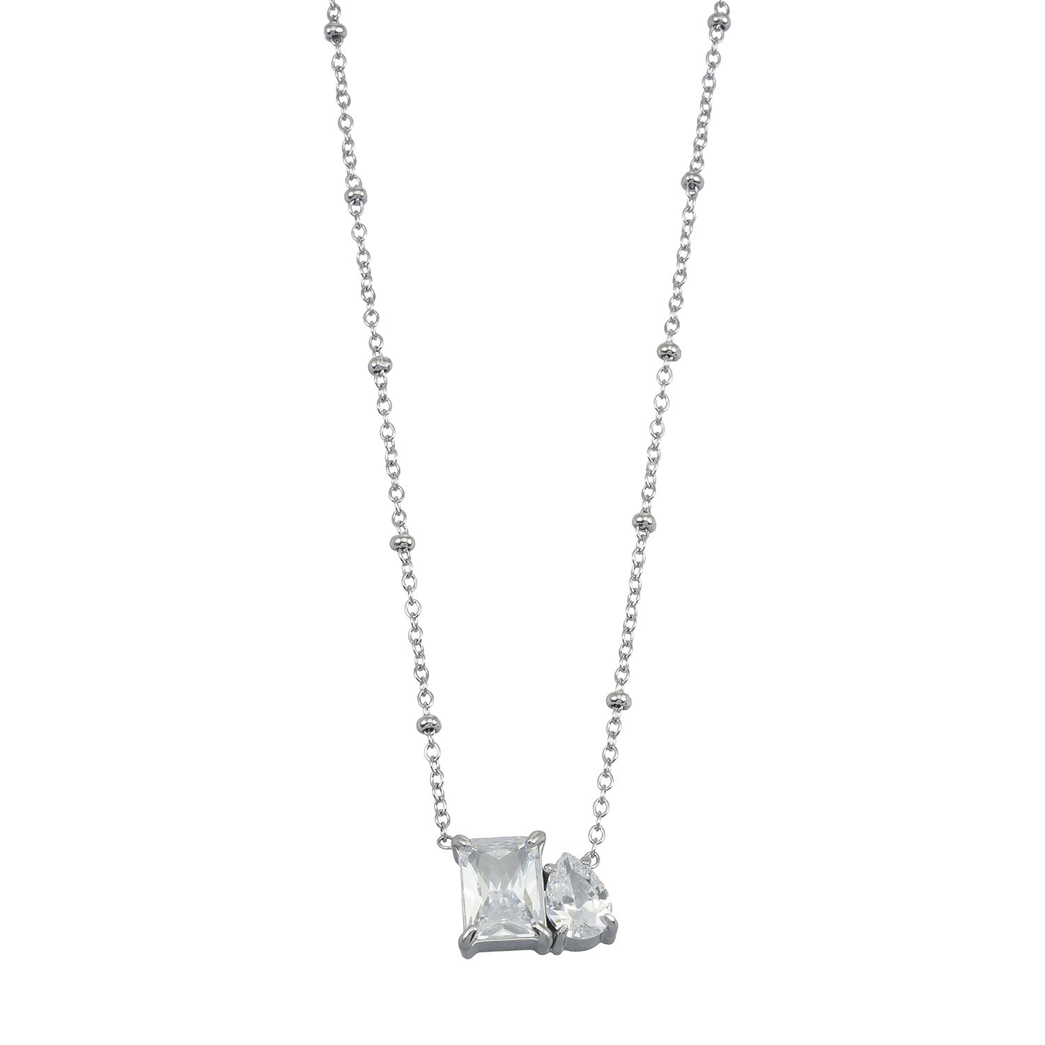 MAFFINA Silver (White Gold): Dainty Beaded Chain Necklace with Duo Zirconia Pendant