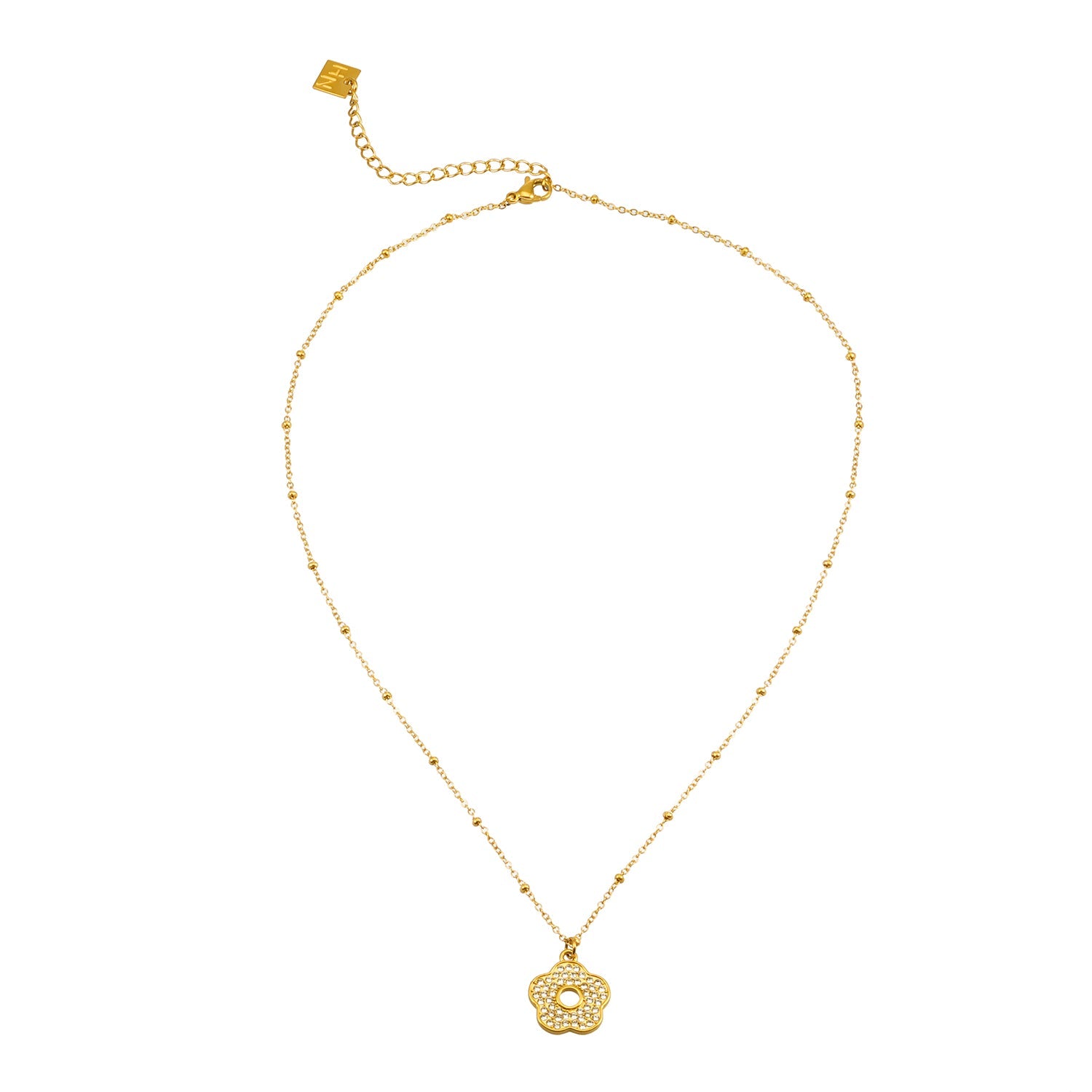 MELRINA Gold - Vintage Bloom: Beaded Chain Necklace with Pave Zirconia Flower Charm