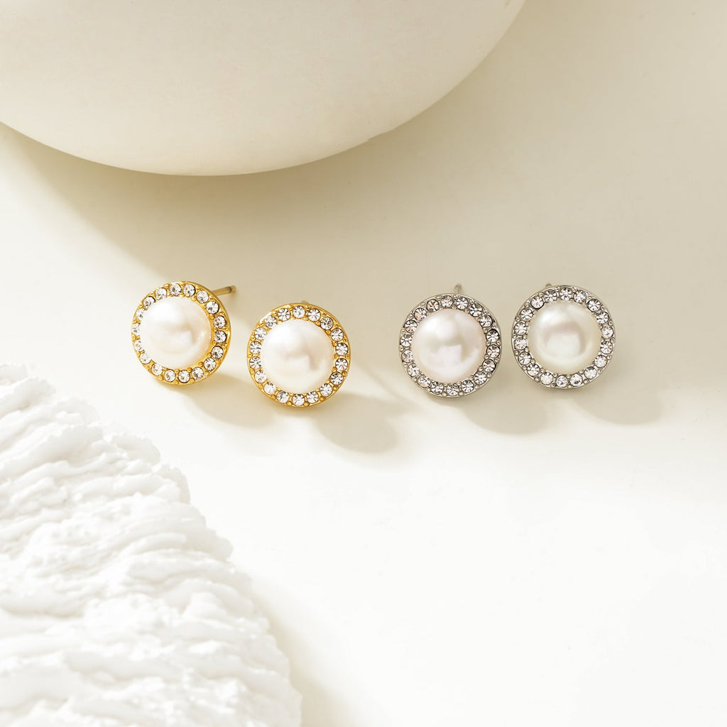 CADDA Silver (White Gold): Mini Stud Earrings with Freshwater Pearl & Pavé Zirconia Border