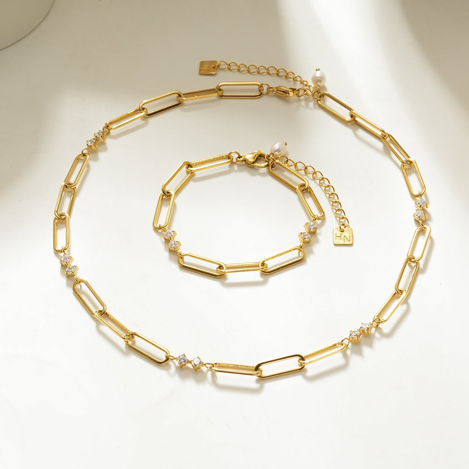 ELOPPINA Gold Necklace: Paper Clip Chain with Zirconia Accents & a Freshwater Pearl Charm