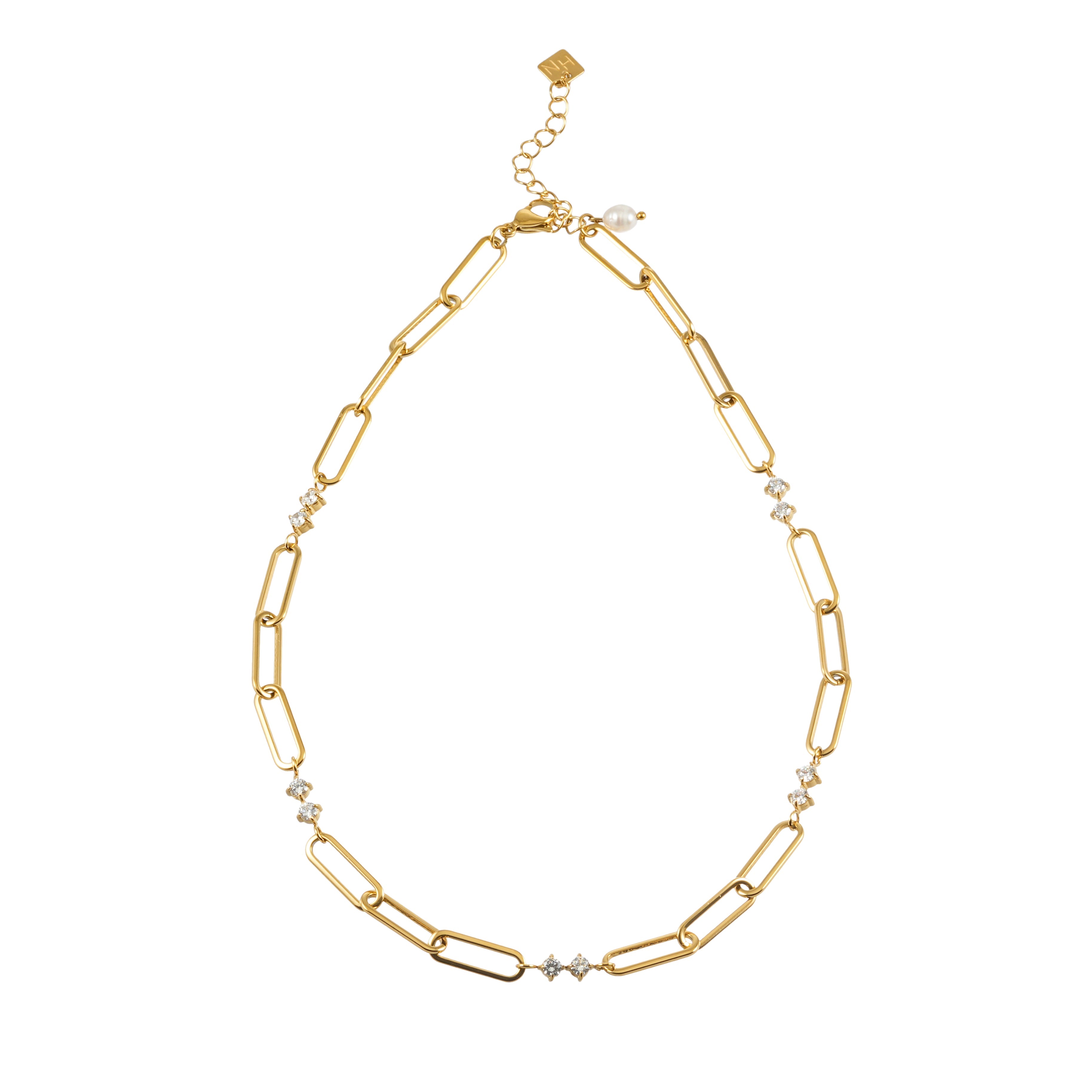 ELOPPINA Gold Necklace: Paper Clip Chain with Zirconia Accents & a Freshwater Pearl Charm