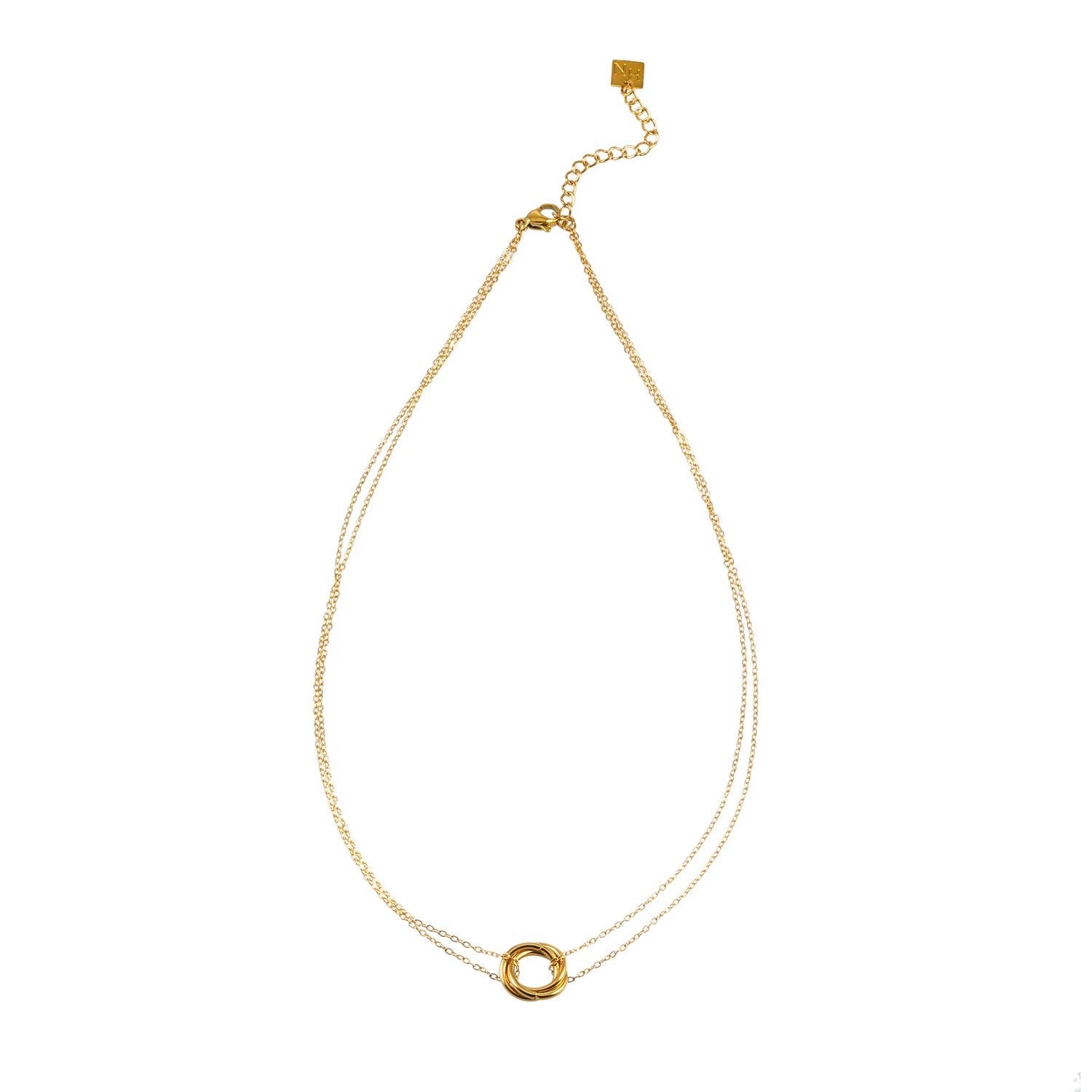 ELVIRA Gold: Double Chain Dainty Necklace with Intertwined 3-Ring Pendant – Symbol of Love, Unity & Eternity
