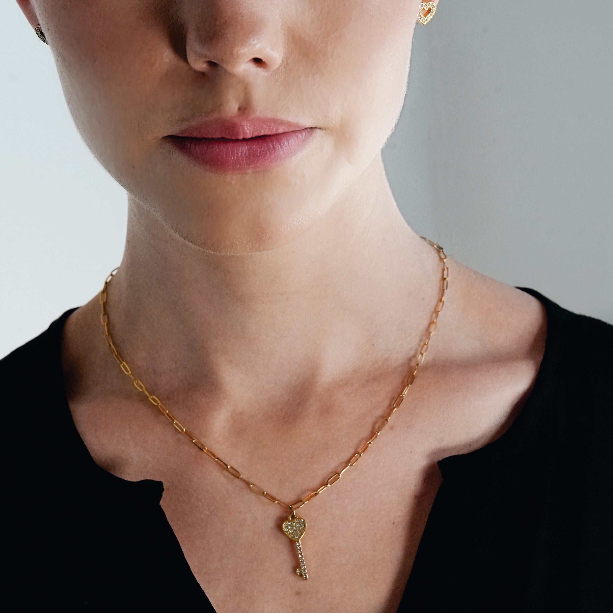 JAZRINA Gold: Pavé Key & Heart Pendant on a Paper Clip Chain Necklace
