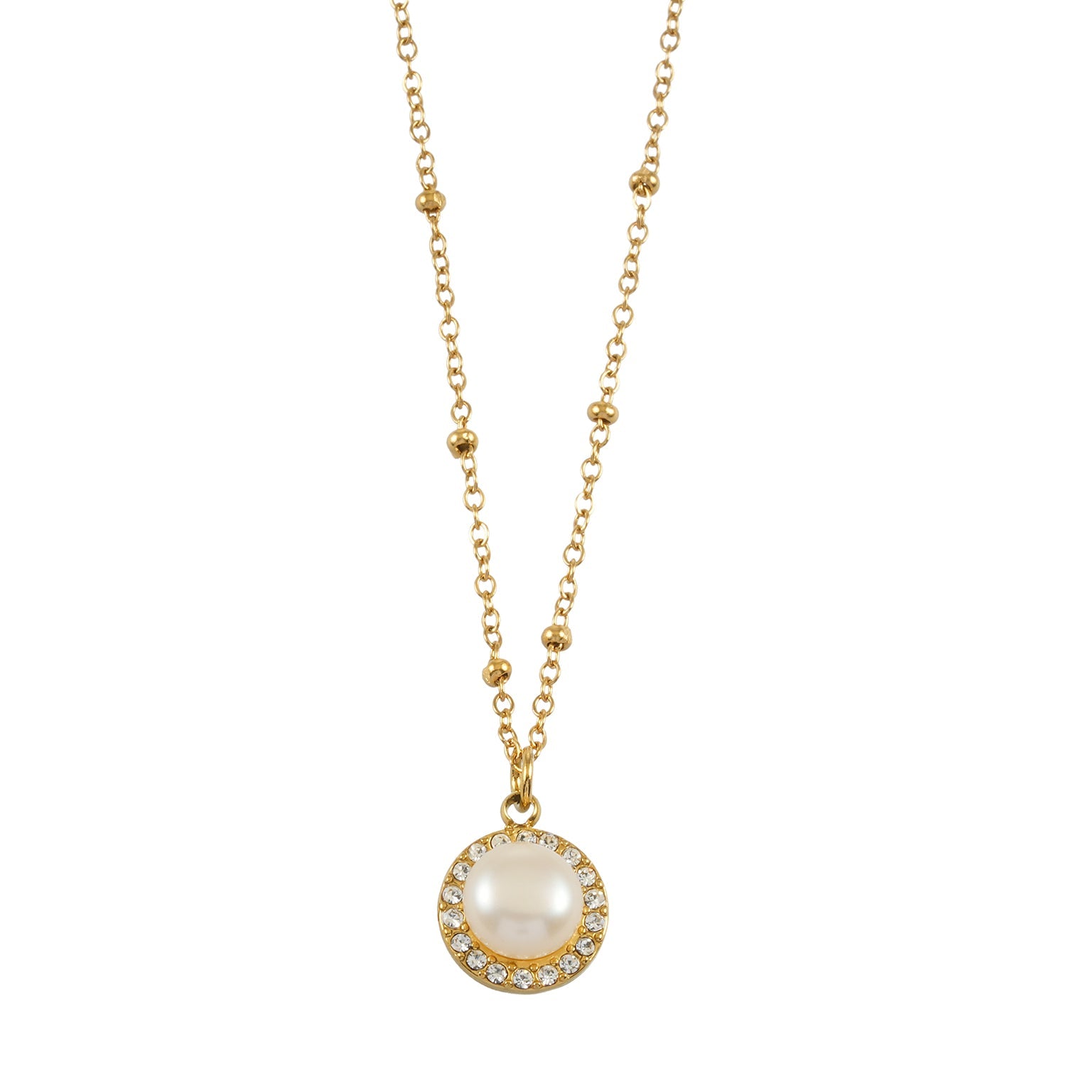 LATAHIA Gold: Beaded Chain necklace with Freshwater Pearl & Pavé Zirconia Border Pendant