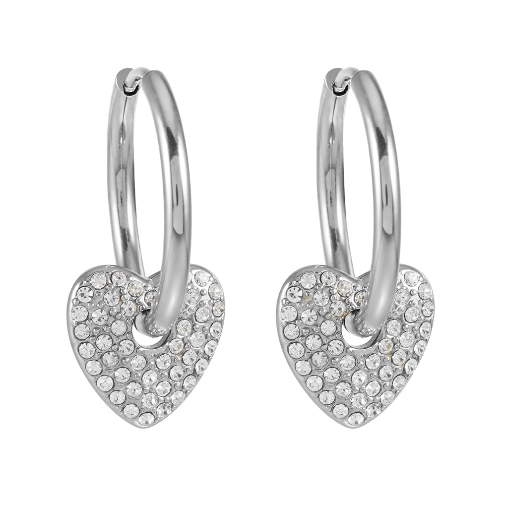MAABU Silver (White Gold): Vintage Inspired Hoops with Removable Zirconia Embedded Heart Charm