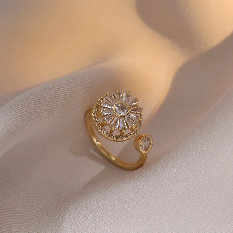 Nouvelles bagues d’anxiété pour femme Zircone cubique Bague d’anxiété de tournesol Bagues rotatives Anneau ouvert réglable Anillos De Mujer