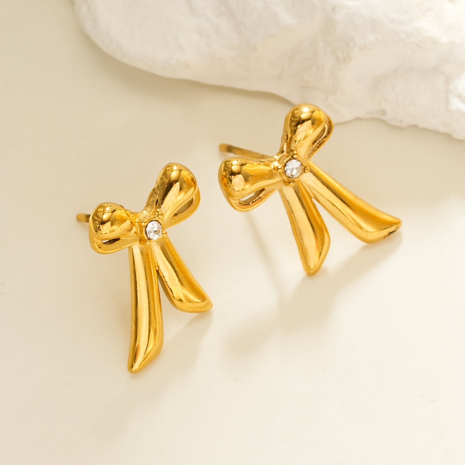 SAMANTHA Gold: Bow Stud Earrings with Solitaire Zirconia – Dainty & Chic Everyday Jewelry