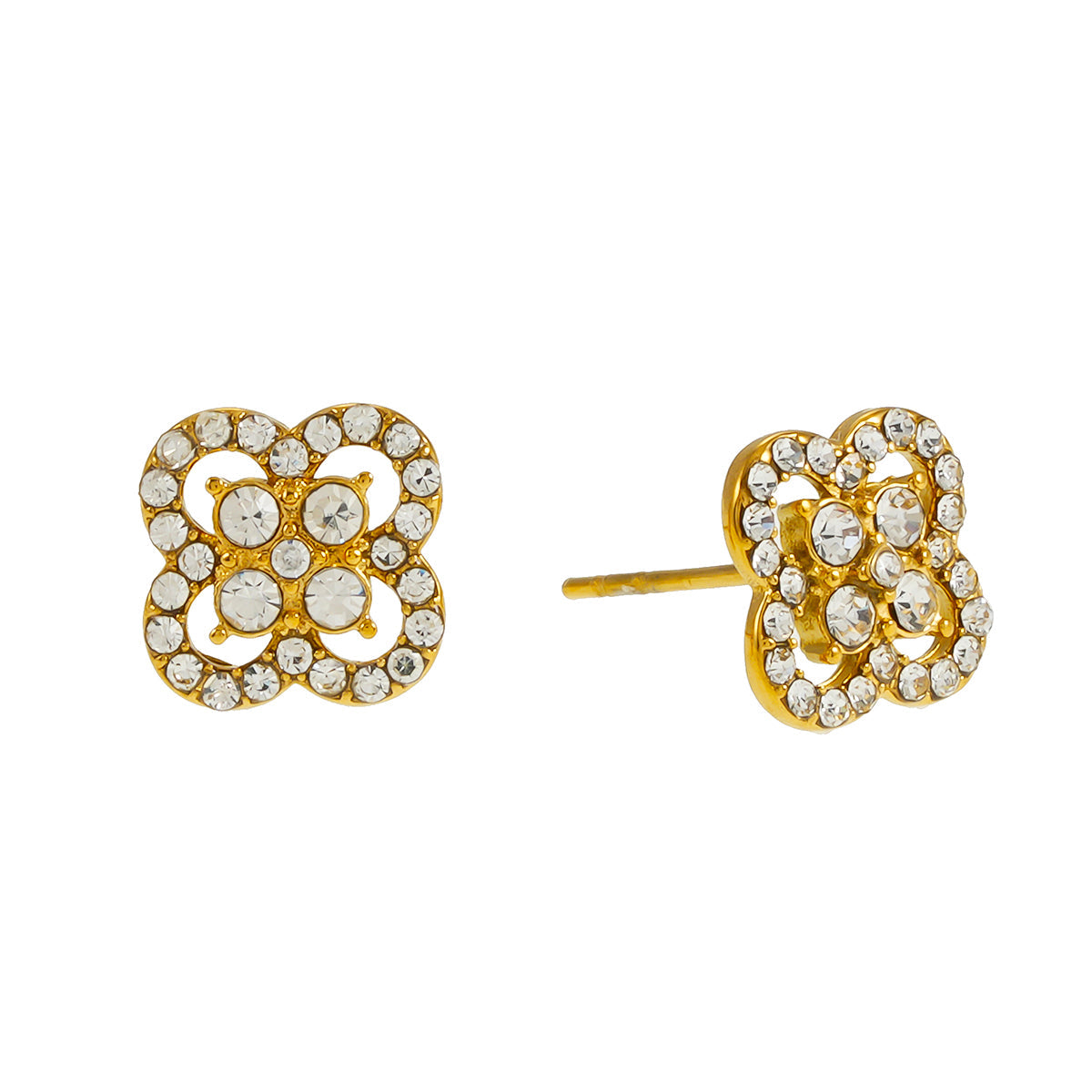 SANIBELL Gold: Clover Shaped Pavé Zirconia Stud Earrings