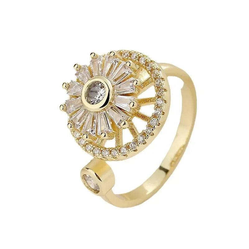 Nouvelles bagues d’anxiété pour femme Zircone cubique Bague d’anxiété de tournesol Bagues rotatives Anneau ouvert réglable Anillos De Mujer