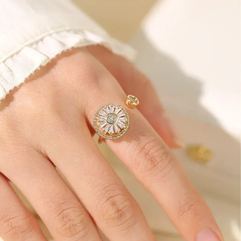 Nouvelles bagues d’anxiété pour femme Zircone cubique Bague d’anxiété de tournesol Bagues rotatives Anneau ouvert réglable Anillos De Mujer