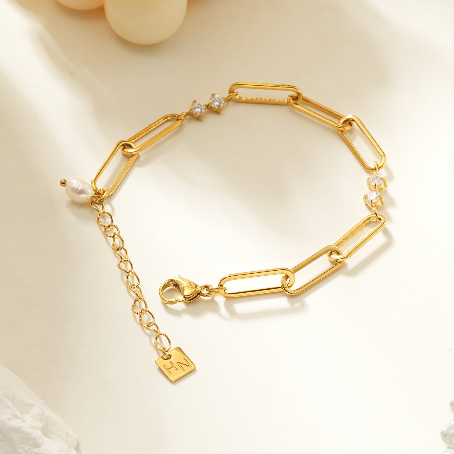TIANINA Gold Bracelet: Paper Clip Chain with Zirconia Accents & a Freshwater Pearl Charm