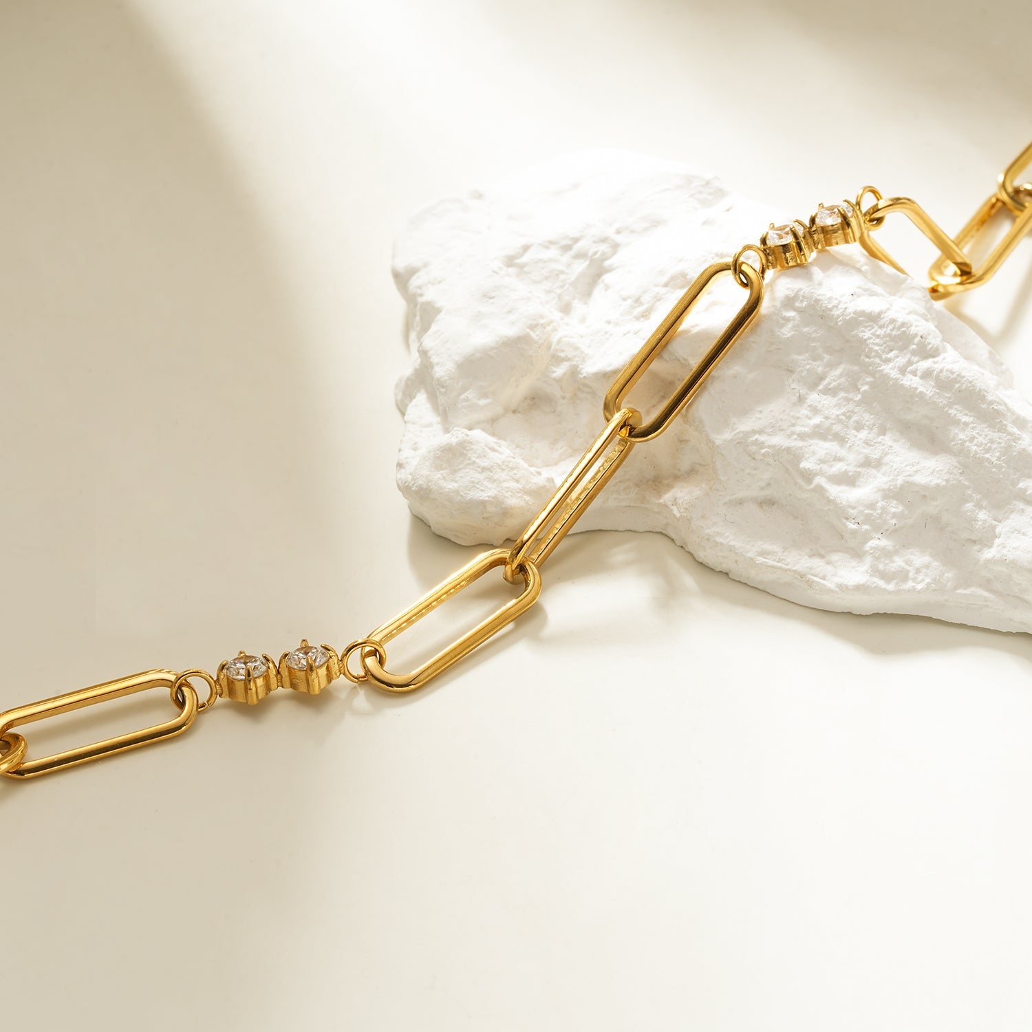 TIANINA Gold Bracelet: Paper Clip Chain with Zirconia Accents & a Freshwater Pearl Charm